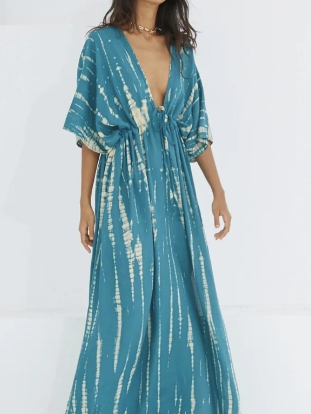 Tie-Dye Teal Maxi Dress with Front Knot
